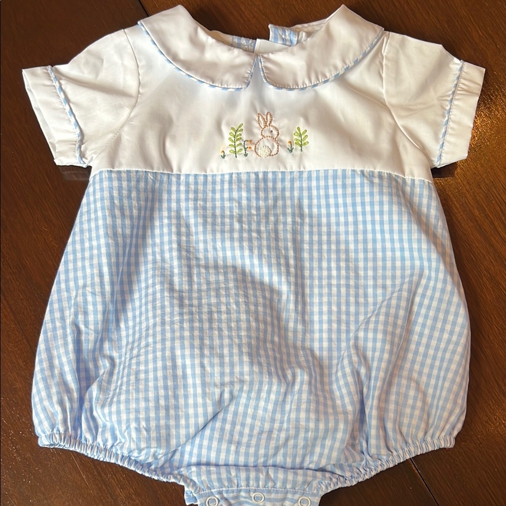 Proper Peony Blue and White Gingham Baby Romper Bubble with Bunny 12 months